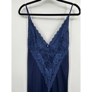 Vintage Navy Blue Lace Nightgown Silky Full Length Chemise Slip Dress Small